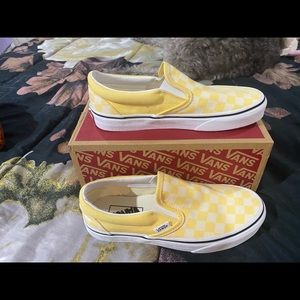 Yellow and white checkboard slip ons!